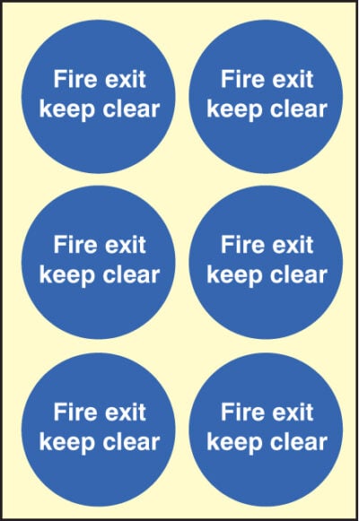 Fire exit keep clear 80x80mm - sheet of 6 photoluminescent self adhesive