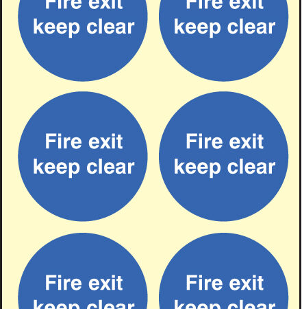 Fire exit keep clear 80x80mm - sheet of 6 photoluminescent self adhesive
