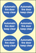 Automatic fire door keep clear 80x80mm - sheet of 6 photoluminescent self adhesive