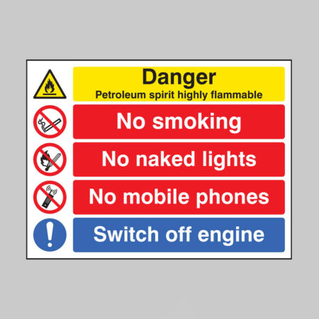 Danger petroleum spirit highly flammable/no smoking/naked lights/mobile phones/switch off engine