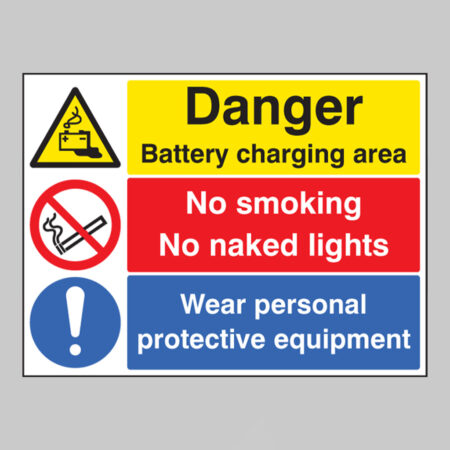 Battery charging area, wear PPE, no smoking, no naked lights