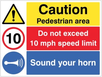Caution pedestrian area, do not exceed 10mph speed limit, sound your horn