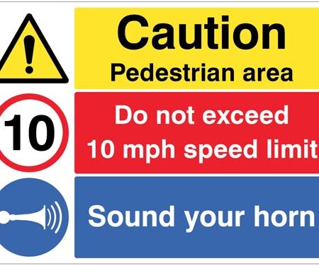 Caution pedestrian area, do not exceed 10mph speed limit, sound your horn