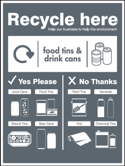 Food tins and drink cans - WRAP Recycle here sign