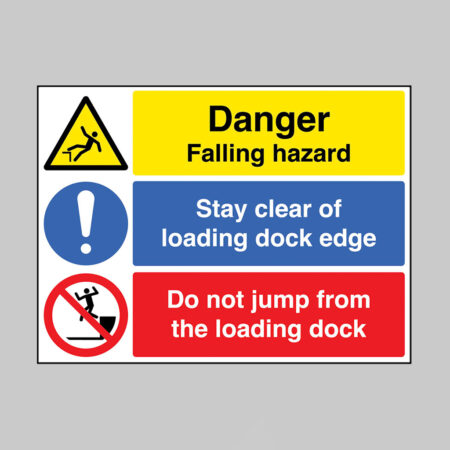 Danger Fall hazard, Stay clear of loading dock edge, do not jump from the loading dock (self adhesive vinyl safety label)
