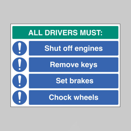 All drivers must: Shut off engine, remove keys, set brakes, chock wheels (self adhesive vinyl safety label)