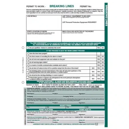 Permit To Work - Breaking Lines - Pad of 50