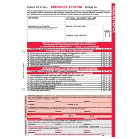 Permit To Work - Pressure Testing - Pad of 50